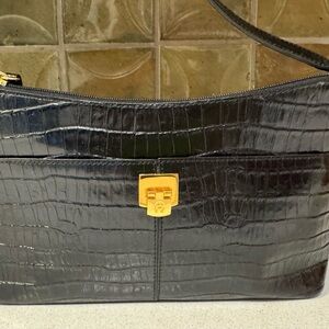Etienne Aigner Black Croc leather Embossed Shoulder Bag with Gold Clasp